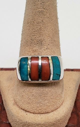 Vintage Navajo Silver Turquoise And Coral Inlay Ring Size 9