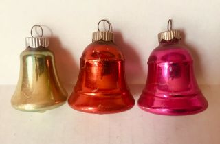 Vintage Shiny Brite Solid Bell Ornaments Set Of 3,  Pink Red Green