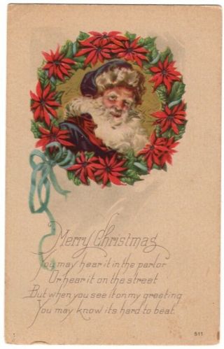 93019 Vintage Christmas Postcard Santa Claus In A Wreath With Poem 1923