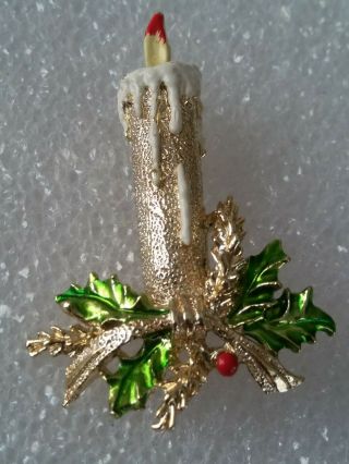 Vintage Gerrys Brooch Christmas Burning Candle Holly Berry Enamel Gold Tone