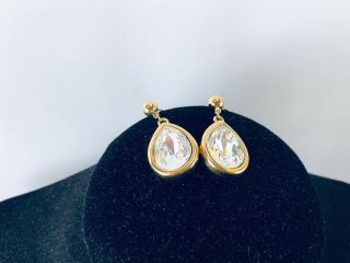 Vtg.  Napier Pear Clear Rhinestone Gold Tone Dangle Pierced Earrings