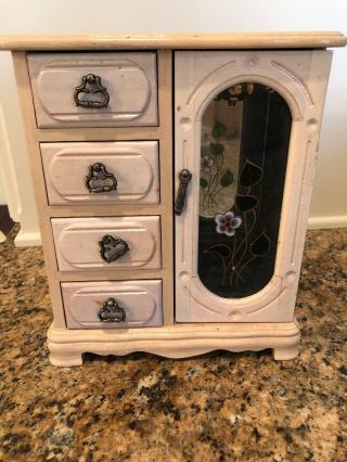 Vintage Wood Jewelry Armoire Jewelry Box 4 Drawers & Necklace Holder White Wash