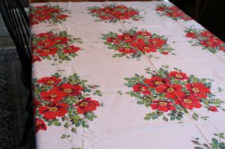 Vintage Cotton Kitchen Tablecloth 52x64 Red Poppies