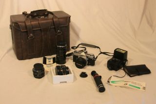 Olympus Om - 1 35mm Camera With Various Lenses & Case