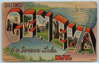 Postcard Ny Large Letter Greetings From Geneva York Vintage Linen P4
