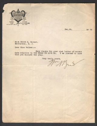 1922 William A Brady Boxing Corbett Promoter Autographed Signed Letter Broadway