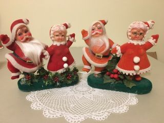Vintage Flocked Mr.  & Mrs.  Santa Claus Dancing Plastic Felt Figurine Set Of 2