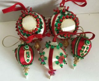 5 Vintage Bead Sequin Christmas Ornaments Red Green Gold Satin Handmade