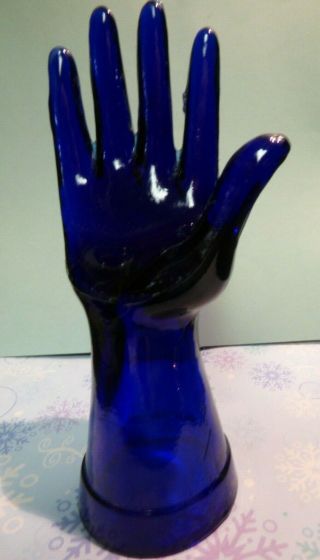 Vintage Cobalt Blue Glass Hand Figurine Ring Holder Organizer 8 " Tall