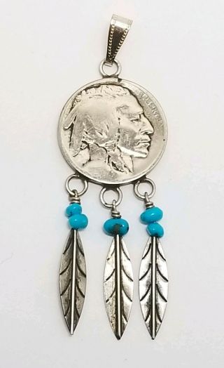 Vintage Buffalo Nickel Silver Feather And Turquoise Dangle Pendant