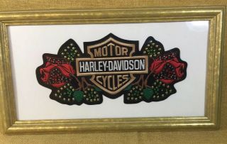 Harley Davidson Motorcycle Bar & Shield Roses - Mounted In Frame 10x5” Patch
