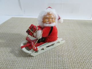 Vintage Plastic Santa On Wooden Sled From 1960 