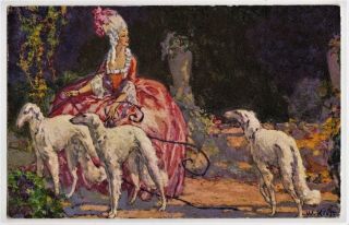 Glamour Lady W Borzoi Dogs Vintage 1920 Postcard Signed W.  Klett