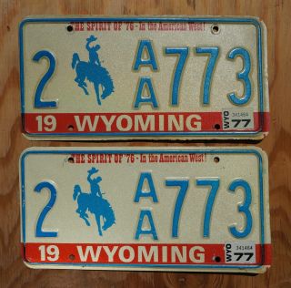 1976 1977 Wyoming License Plate Pair / Set - Aa Series