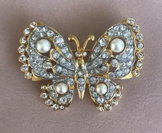 Vintage Signed Kenneth Lane Clear Rhinestone Pearl Butterfly Brooch 1.  75”