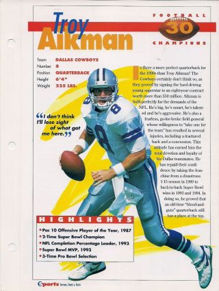 Troy Aikman Dallas Cowboys Qb - Sports Heroes,  Feats & Facts Sheet 30