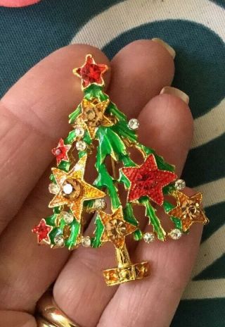 Vtg Rhinestone Christmas Tree Brooch Green Red Stars Holiday Pin Estate Jewelry