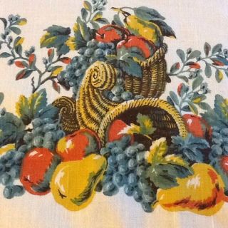 Vntg Colorful Floral & Autumn Cornucopia Print Cotton Tablecloth,  60 X 80 "
