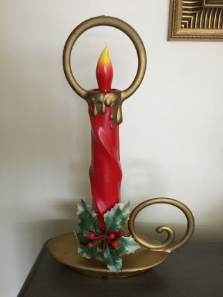 Vintage Christmas Gold & Red Plastic Blow Mold Electric Candle Stick Lamp