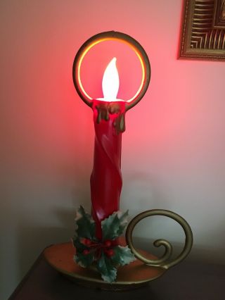 Vintage Christmas Gold & Red Plastic Blow Mold Electric Candle Stick Lamp 2