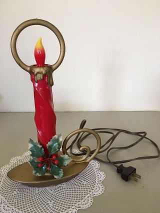 Vintage Christmas Gold & Red Plastic Blow Mold Electric Candle Stick Lamp 3