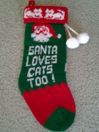 Santa Loves Cats Too Vintage Knitted Red & Green 12 " Christmas Pet Stocking Cute