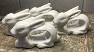 Ardalt? Vintage White Rabbit Napkin Ring Holders Porcelain 4 Pc Set 3.  25”x2.  25”