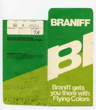 Braniff International Airline Ticket Jacket Ticket Tags 1976 Flying Colors Green