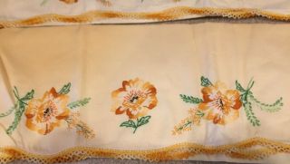 Pair Vintage Hand Embroidered Yellow Cotton Pillowcases Crocheted Edge