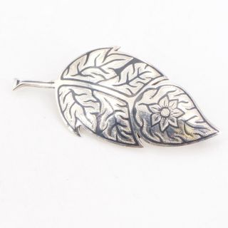 Vtg Sterling Silver - Etched Enamel Inlay Flower Leaf Brooch Pin - 12g