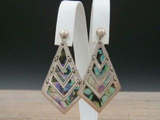 Vintage Signed Voo Eagle 3 Sterling Silver Abalone Shell Drop Screwback Earrings