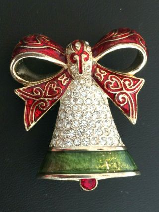 Designer Signed Vtg Figural Christmas Holiday Brooch Bell Monet Rhinestones Enam