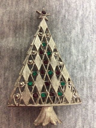 Vintage Silver Tone Rhinestone Christmas Tree Pin Brooch 2