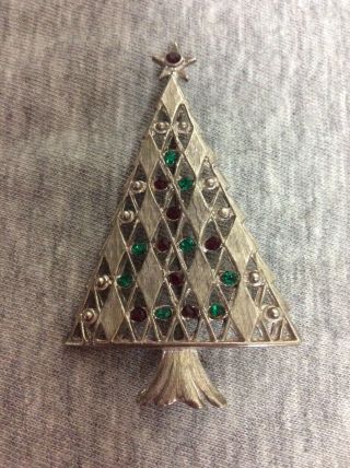 Vintage Silver Tone Rhinestone Christmas Tree Pin Brooch 3