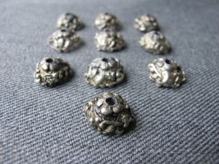 10 Vintage Decorated With Flower Dark Silvered Metal Bead Caps Jewelry Making