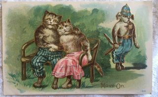 Vintage Cats Postcard Lovers On Bench W/police Dog " Move On " Divided Back