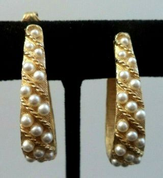 Stunning Vintage Estate High End Pearl Bead Gold Tone 1 3/8 " Clip Earrings G889k