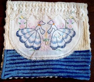 Vintage Southern Belle Pillow Cover Chenille Hand Embroidered,  Lace Custom Blue
