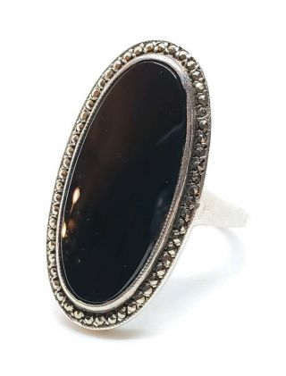 Vintage Signed Foreign Sterling Silver Black Art Glass Marcasite Ring