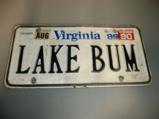 Vintage Virginia Vanity Personalized License Plate " Lake Bum " 1989 1990 Tag
