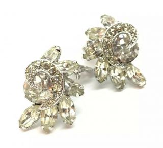 Vintage Weiss Silver Tone Clear Glass Rhinestone Clip On Earrings Large