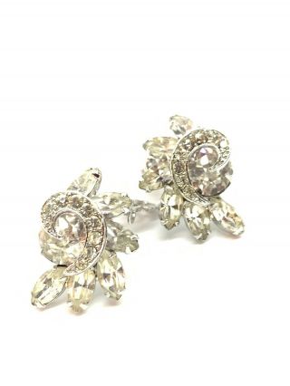 Vintage Weiss Silver Tone Clear Glass Rhinestone Clip On Earrings Large 3