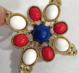 Vintage Signed Sarah Coventry Red White Blue Cabochon Maltese Cross Brooch / Pin