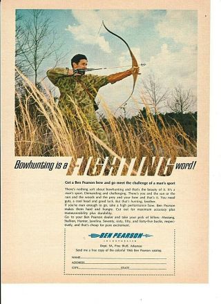 Vintage 1965 Ben Pearson Bowhunting Mustang Color Print Advertisement