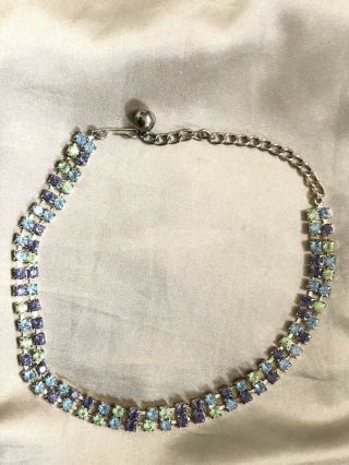 Vintage Lavender,  Blue Green Rhinestone Silvertone Choker Necklace