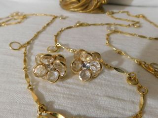 Vtg Swarovski Clear Crystal Beaded Gold Chain Necklace And Clip On Earrings