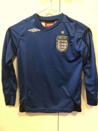 England Soccer Jersey Youth Small S Long Sleeve Blue Football 3 Lions Fifa Umbro