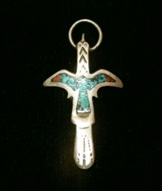 Vintage Navajo Sterling Silver Turquoise Coral Thunderbird Pendant