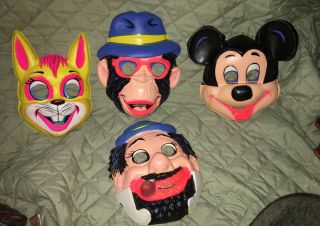 Vtg 4 Ben Cooper Halloween Masks Mickey Man W/ Pipe Monkey Jama Pajama Bunny