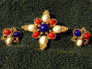 Vintage Sarah Coventry Gold - Tone Red,  White & Blue Brooch & Earrings